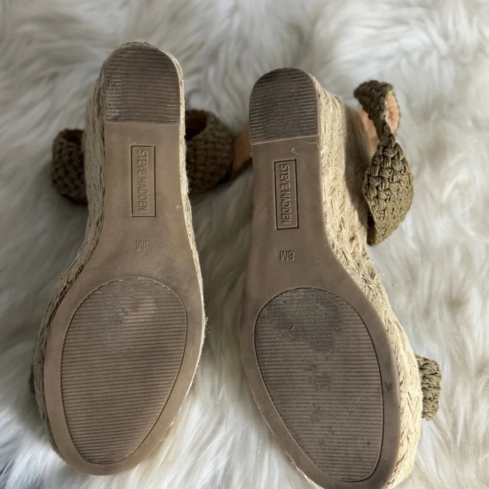 Steve Madden Brussel Olive Green Braided Espadrille Wedge Sandals Womens 8M‎